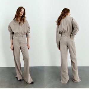 Zara TRF Jumpsuit Denim Taupe Grey Long Bootcut Leg Split Hem Size M